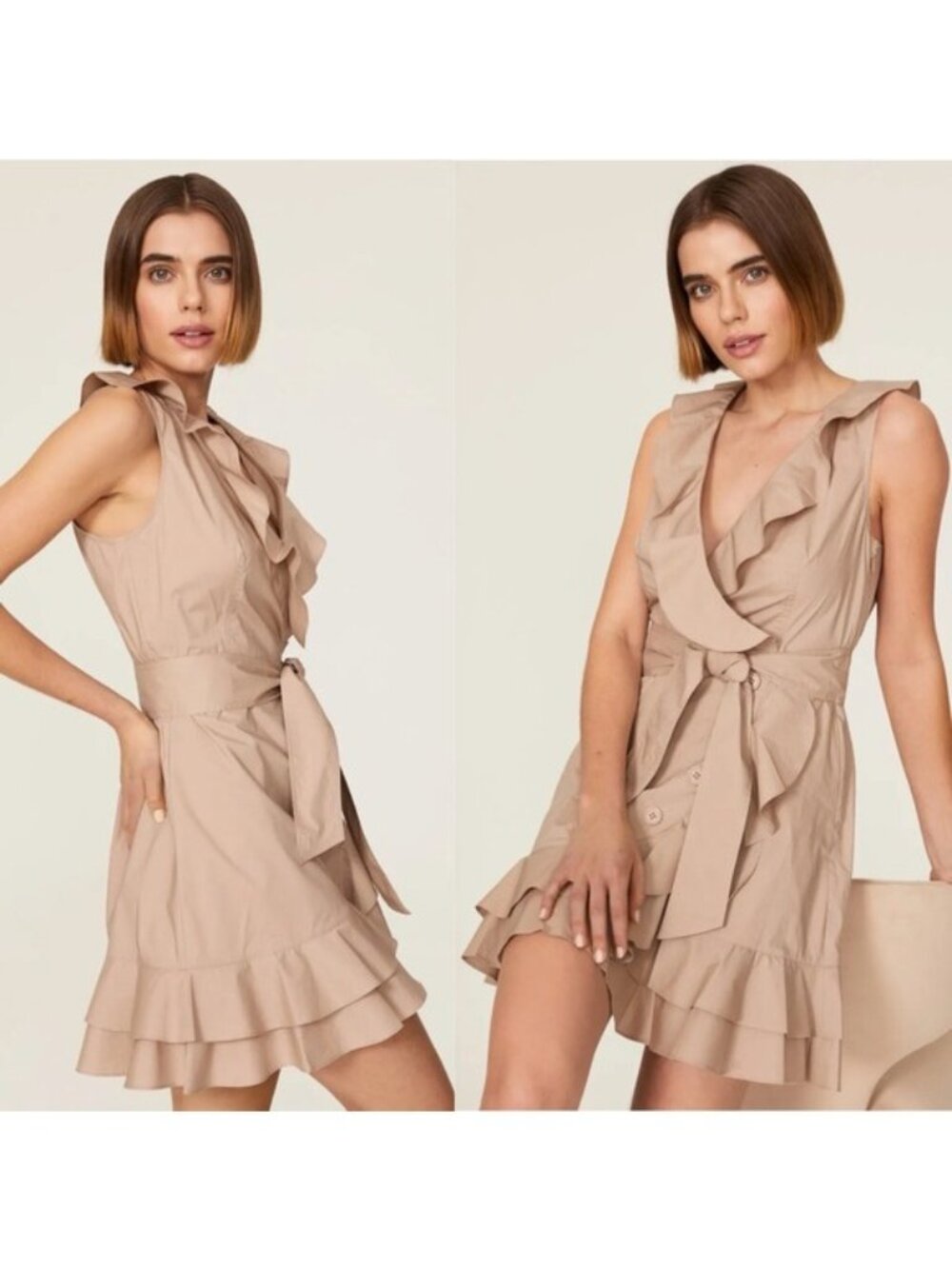 Marissa Webb x RTR Khaki Ruffle Wrap Dress 14 Sleeveless Mini Vneck
